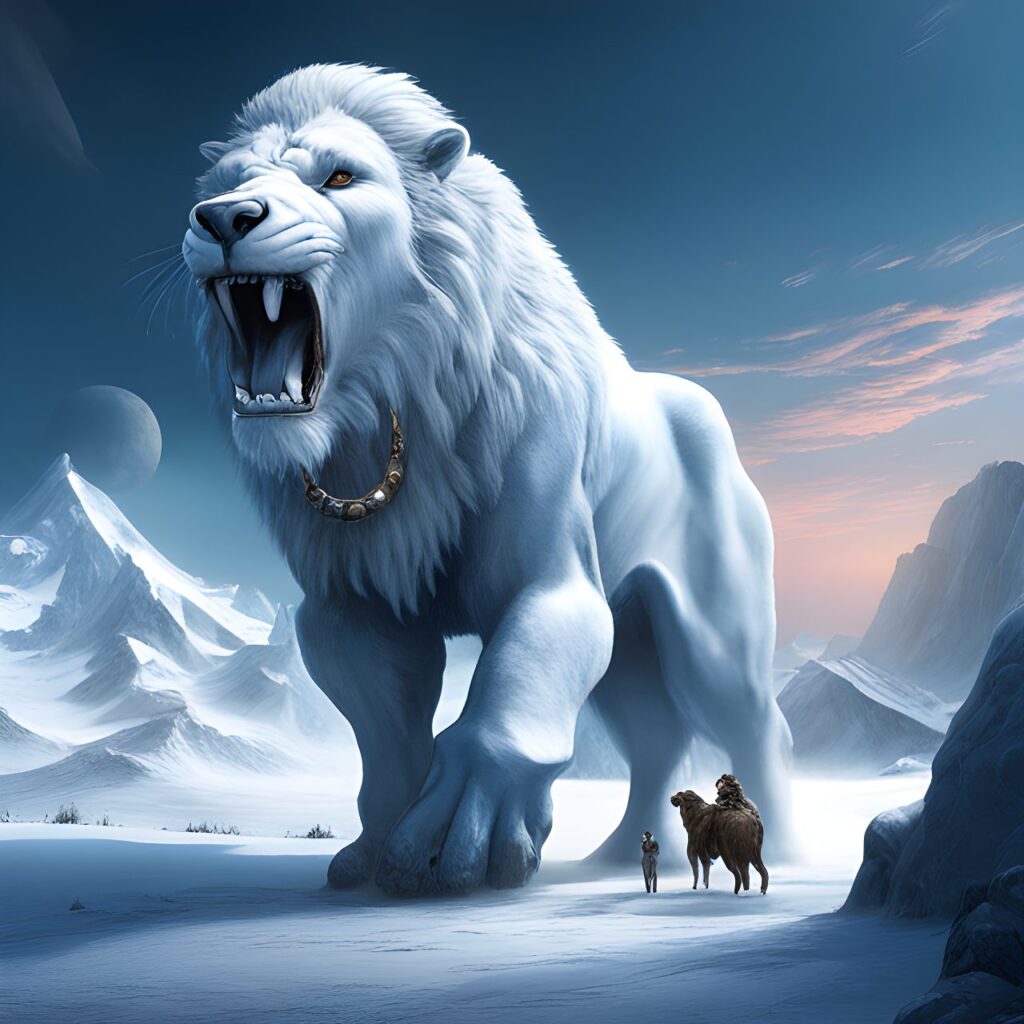 An ice world with 2 moons in the sky, a mounted group trundles through the snow, A sabre tooth looks on from a rocky outcrop digital art, trending on artstation, hd, insanely detailed and intricate, hypermaximalist, elegant, ornate, hyper realistic, super detailed