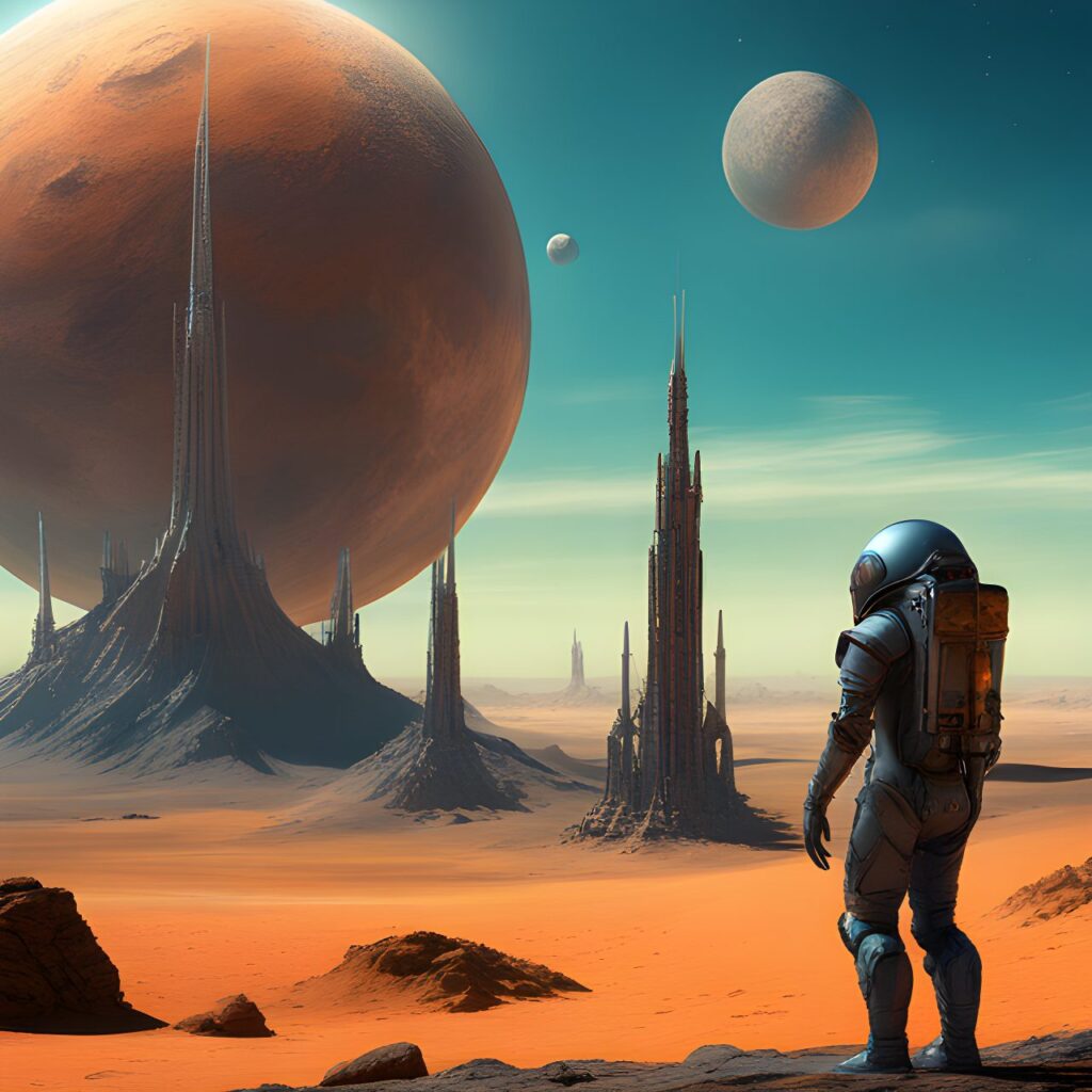 a desert planet, three moons, a scfi style rocket on the surface . An alien looks on. detailed matte painting, deep color, fantastical, intricate detail, splash screen, complementary colors, fantasy concept art digital art, trending on artstation, hd, by Hieronymus Bosch, insanely detailed and intricate, hypermaximalist, elegant, ornate, hyper realistic, super detailed