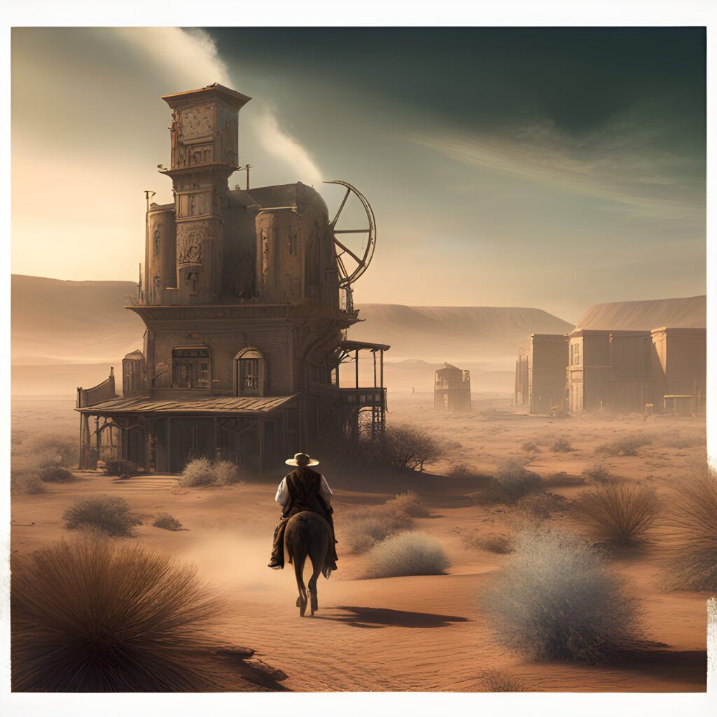 wolves of the Calla, A gunslinger enters a Desert ghost town detailed matte painting, deep color, fantastical, intricate detail, splash screen, complementary colors, fantasy concept art, digital art, trending on artstation, hd, insanely detailed and intricate, hypermaximalist, elegant, ornate, hyper realistic, super detailed