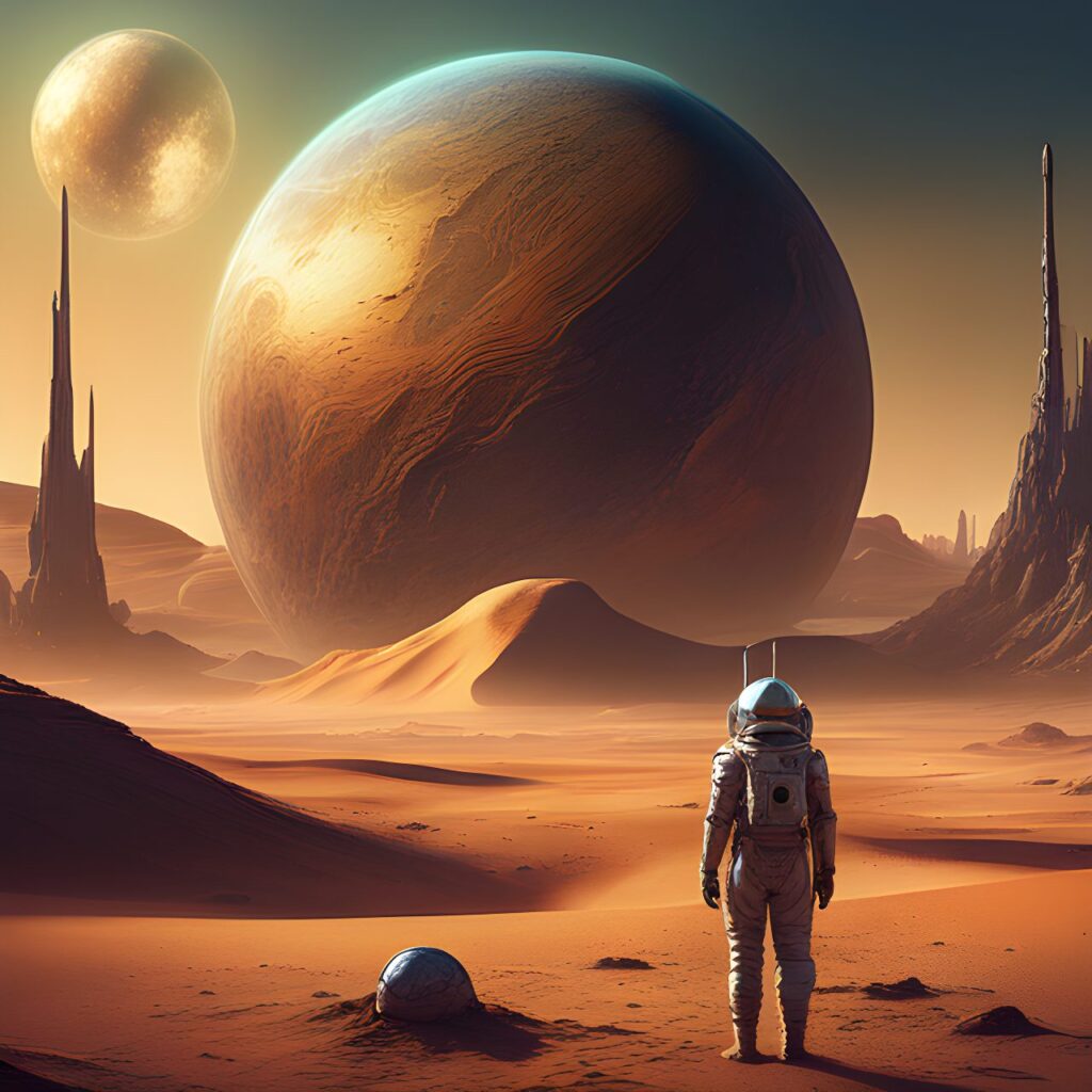 a desert planet, three moons, a scfi style rocket on the surface . An alien looks on. detailed matte painting, deep color, fantastical, intricate detail, splash screen, complementary colors, fantasy concept art digital art, trending on artstation, hd, by Hieronymus Bosch, insanely detailed and intricate, hypermaximalist, elegant, ornate, hyper realistic, super detailed