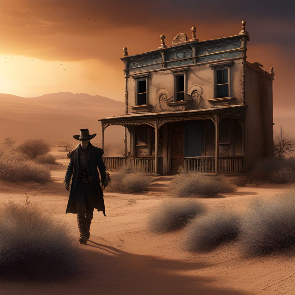 wolves of the Calla, A gunslinger enters a Desert ghost town detailed matte painting, deep color, fantastical, intricate detail, splash screen, complementary colors, fantasy concept art, digital art, trending on artstation, hd, insanely detailed and intricate, hypermaximalist, elegant, ornate, hyper realistic, super detailed