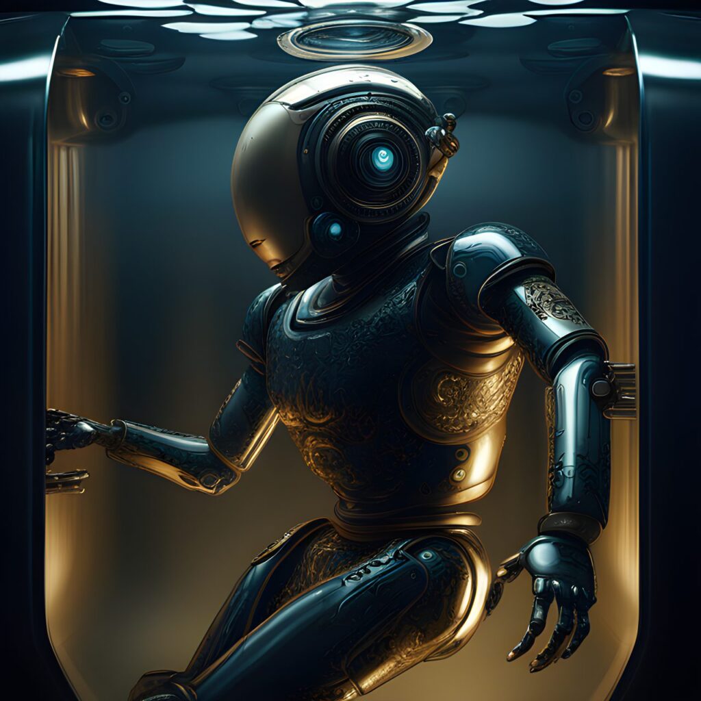 Darkness with a dim light. Sensory deprivation tank, A male humanoid robot floats in oil digital art, trending on artstation, hd, insanely detailed and intricate, hypermaximalist, elegant, ornate, hyper realistic, super detailed