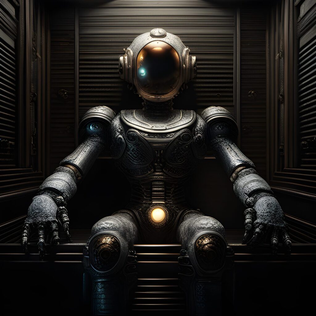 Darkness with a dim light. Sensory deprivation tank, A male humanoid robot floats in oil digital art, trending on artstation, hd, insanely detailed and intricate, hypermaximalist, elegant, ornate, hyper realistic, super detailed
