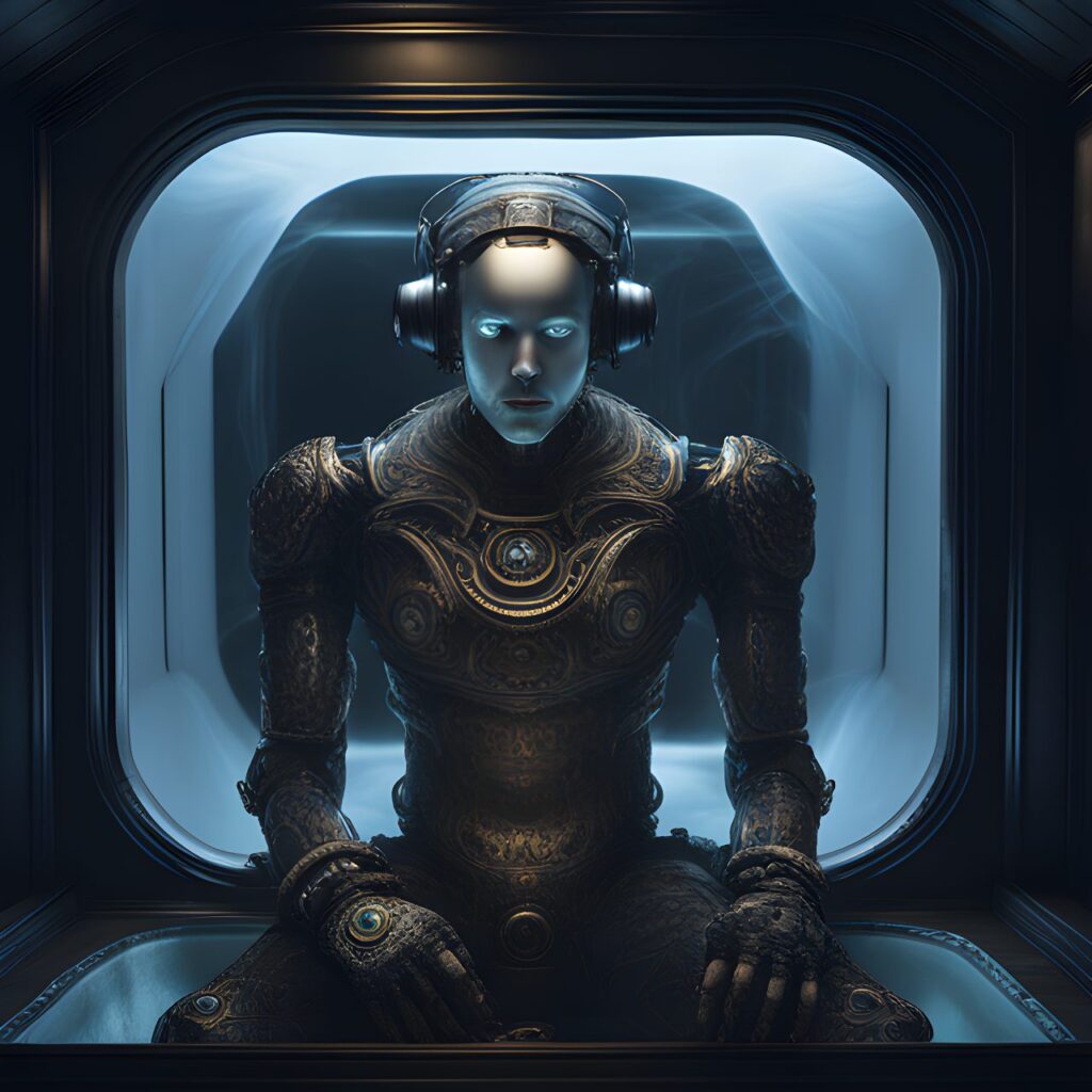 Darkness with a dim light. Sensory deprivation tank, A male humanoid robot floats in oil digital art, trending on artstation, hd, insanely detailed and intricate, hypermaximalist, elegant, ornate, hyper realistic, super detailed