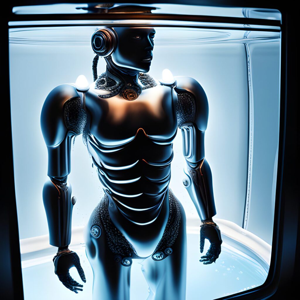 Darkness with a dim light. Sensory deprivation tank, A male humanoid robot floats in oil digital art, trending on artstation, hd, insanely detailed and intricate, hypermaximalist, elegant, ornate, hyper realistic, super detailed
