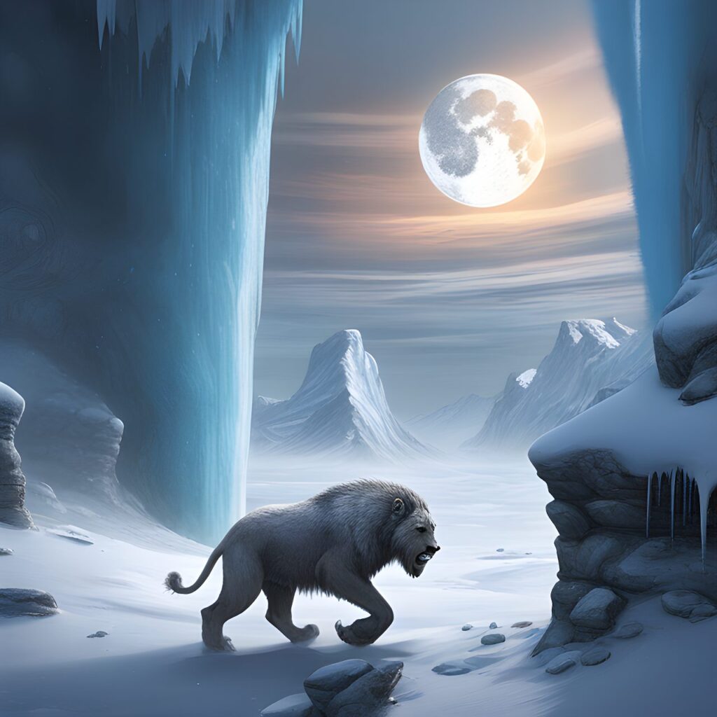 An ice world with 2 moons in the sky, a mounted group trundles through the snow, A sabre tooth looks on from a rocky outcrop digital art, trending on artstation, hd, insanely detailed and intricate, hypermaximalist, elegant, ornate, hyper realistic, super detailed