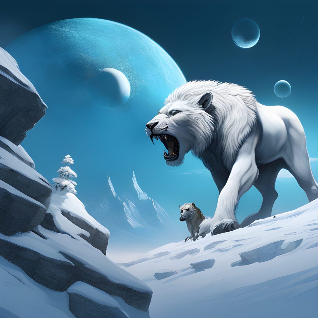 An ice world with 2 moons in the sky, a mounted group trundles through the snow, A sabre tooth looks on from a rocky outcrop digital art, trending on artstation, hd, insanely detailed and intricate, hypermaximalist, elegant, ornate, hyper realistic, super detailed
