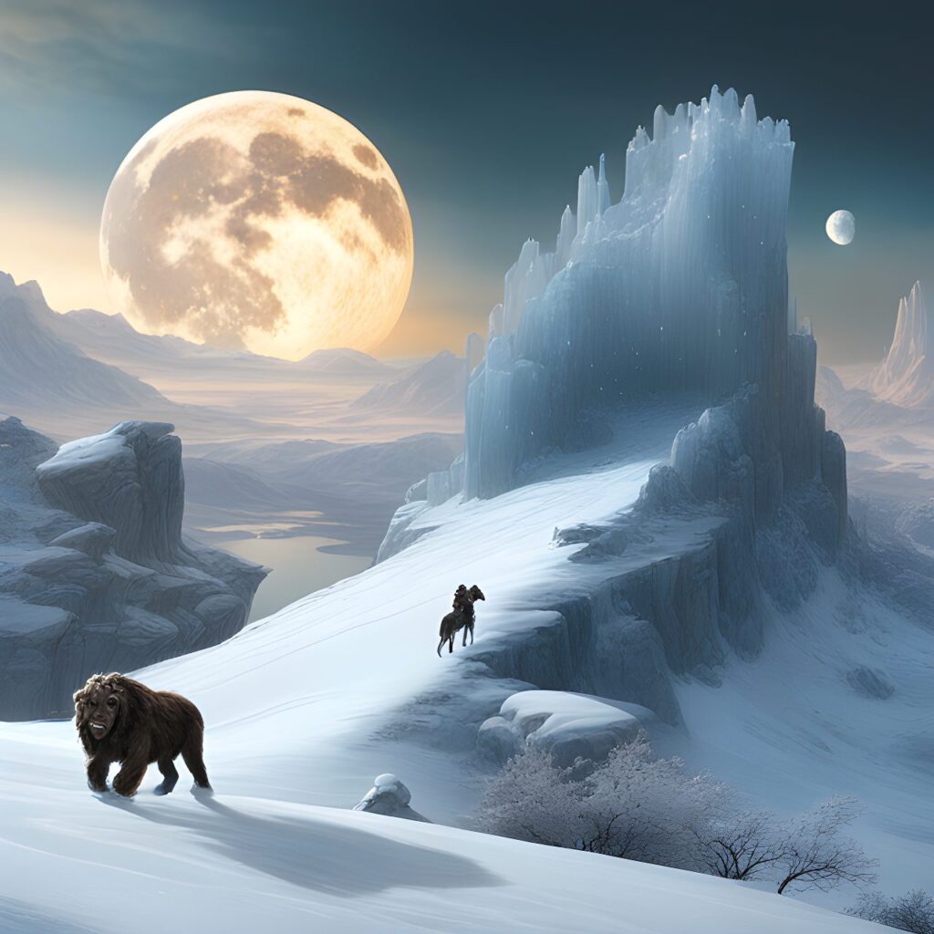 An ice world with 2 moons in the sky, a mounted group trundles through the snow, A sabre tooth looks on from a rocky outcrop digital art, trending on artstation, hd, insanely detailed and intricate, hypermaximalist, elegant, ornate, hyper realistic, super detailed