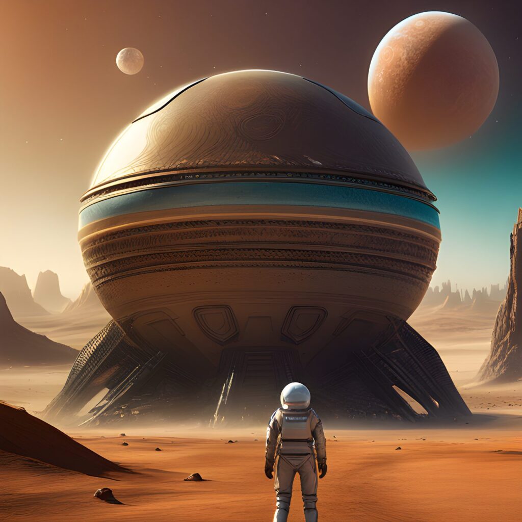 a desert planet, three moons, a scfi style rocket on the surface . An alien looks on. detailed matte painting, deep color, fantastical, intricate detail, splash screen, complementary colors, fantasy concept art digital art, trending on artstation, hd, by Hieronymus Bosch, insanely detailed and intricate, hypermaximalist, elegant, ornate, hyper realistic, super detailed