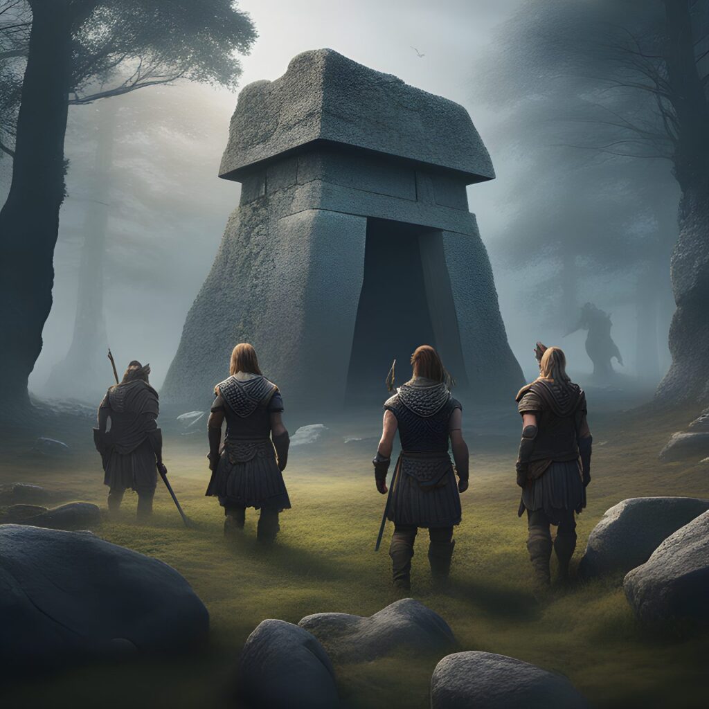 celtic warriors meet in a misty landscape with dolmens in the bakhground digital art, trending on artstation, hd, insanely detailed and intricate, hypermaximalist, elegant, ornate, hyper realistic, super detailed