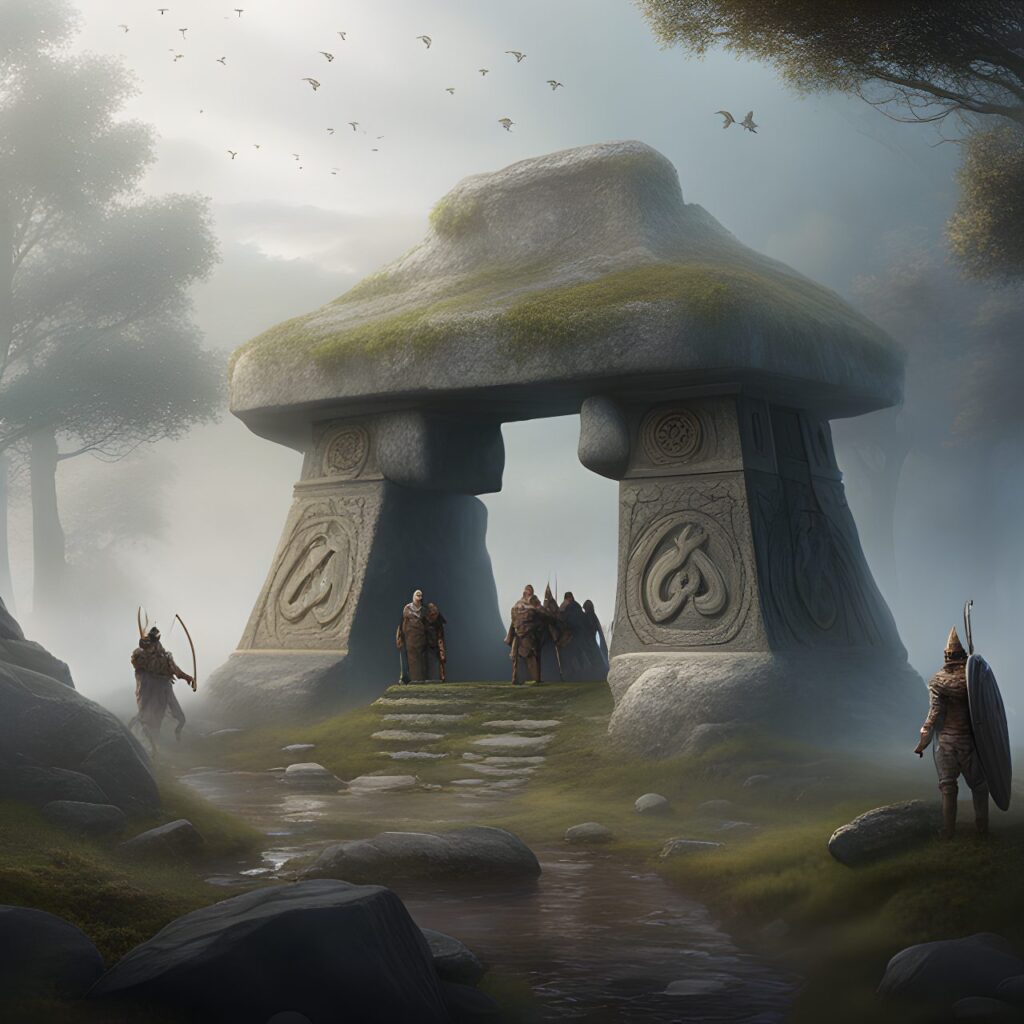 celtic warriors meet in a misty landscape with dolmens in the bakhground digital art, trending on artstation, hd, insanely detailed and intricate, hypermaximalist, elegant, ornate, hyper realistic, super detailed