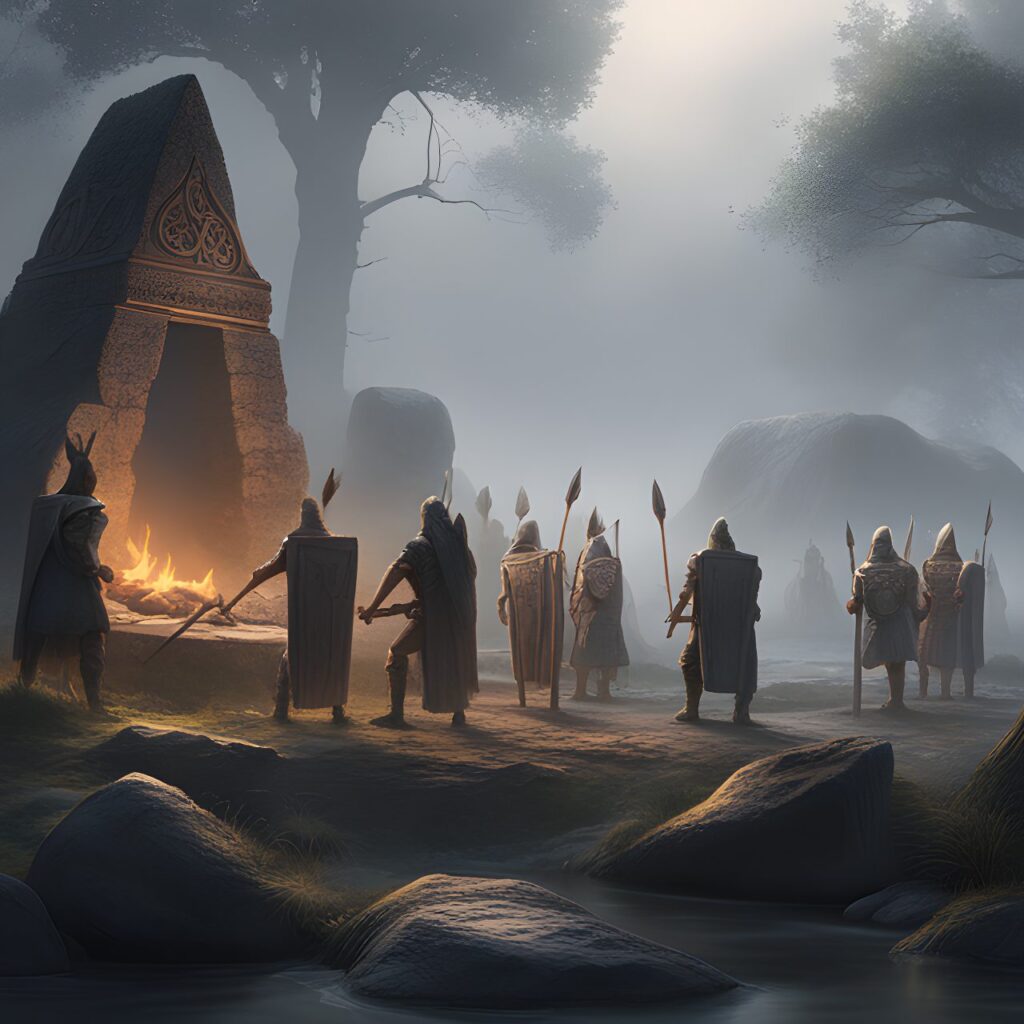 celtic warriors meet in a misty landscape with dolmens in the bakhground digital art, trending on artstation, hd, insanely detailed and intricate, hypermaximalist, elegant, ornate, hyper realistic, super detailed