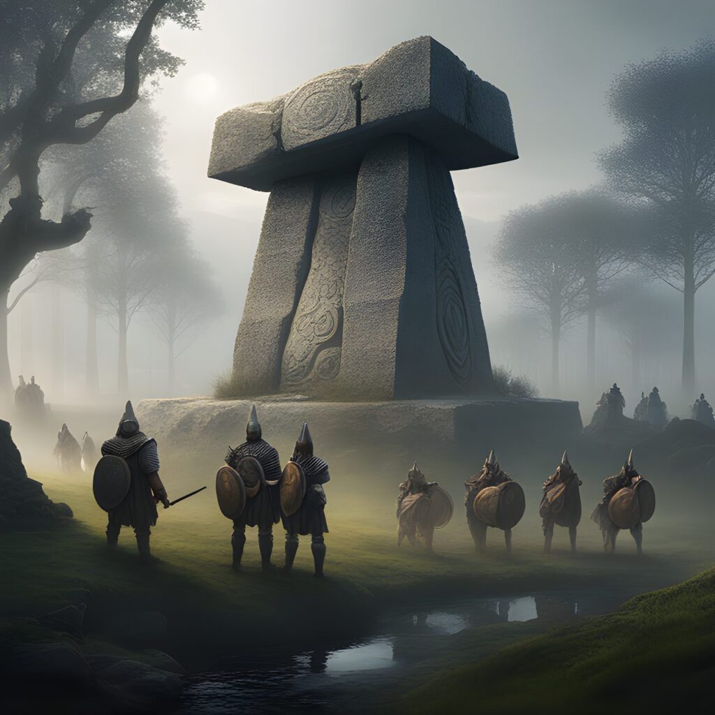 celtic warriors meet in a misty landscape with dolmens in the bakhground digital art, trending on artstation, hd, insanely detailed and intricate, hypermaximalist, elegant, ornate, hyper realistic, super detailed
