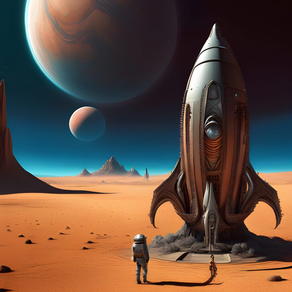 a desert planet, three moons, a scfi style rocket on the surface . An alien looks on. detailed matte painting, deep color, fantastical, intricate detail, splash screen, complementary colors, fantasy concept art digital art, trending on artstation, hd, by Hieronymus Bosch, insanely detailed and intricate, hypermaximalist, elegant, ornate, hyper realistic, super detailed
