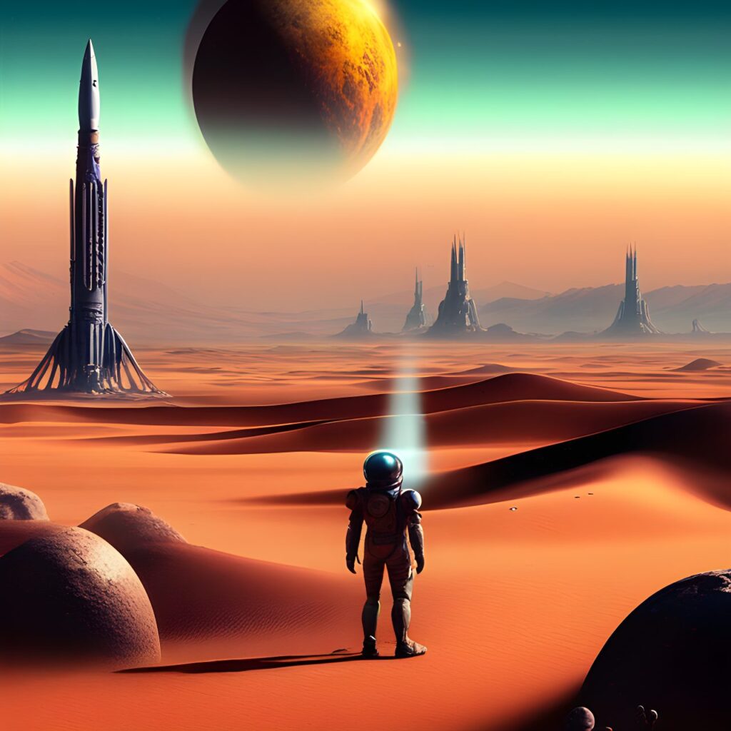 a desert planet, three moons, a scfi style rocket on the surface . An alien looks on. detailed matte painting, deep color, fantastical, intricate detail, splash screen, complementary colors, fantasy concept art