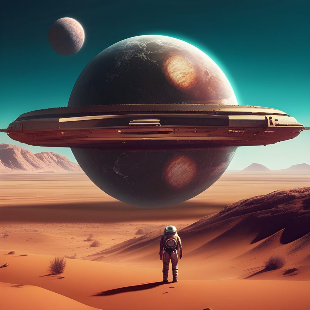 a desert planet, three moons, a scfi style rocket on the surface . An alien looks on. detailed matte painting, deep color, fantastical, intricate detail, splash screen, complementary colors, fantasy concept art