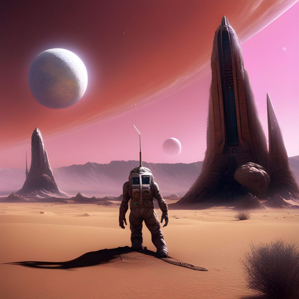 a desert planet, three moons, a scfi style rocket on the surface . An alien looks on. detailed matte painting, deep color, fantastical, intricate detail, splash screen, complementary colors, fantasy concept art
