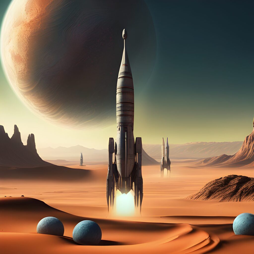 a desert planet, three moons, a scfi style rocket on the surface . An alien looks on. detailed matte painting, deep color, fantastical, intricate detail, splash screen, complementary colors, fantasy concept art
