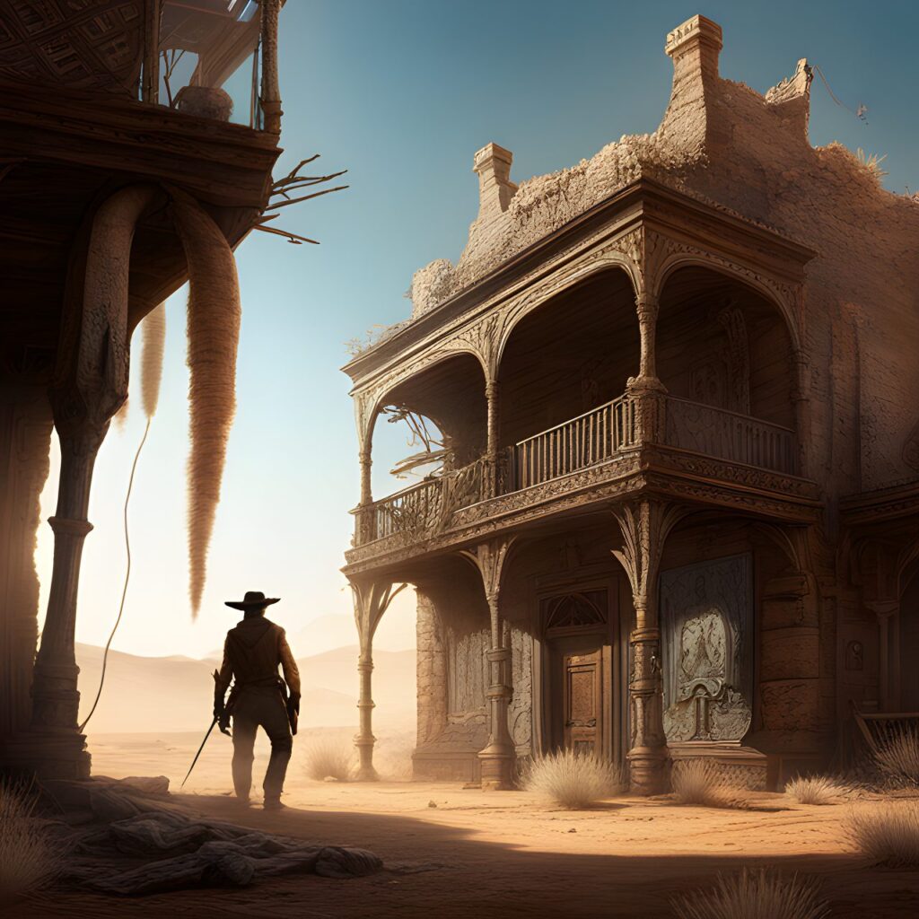 wolves of the Calla, A gunslinger enters a Desert ghost town detailed matte painting, deep color, fantastical, intricate detail, splash screen, complementary colors, fantasy concept art, digital art, trending on artstation, hd, insanely detailed and intricate, hypermaximalist, elegant, ornate, hyper realistic, super detailed
