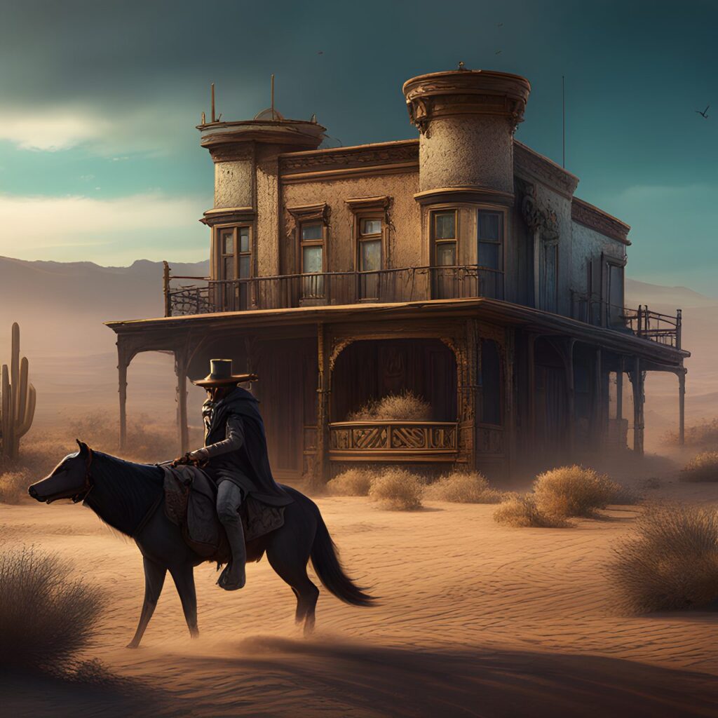 wolves of the Calla, A gunslinger enters a Desert ghost town detailed matte painting, deep color, fantastical, intricate detail, splash screen, complementary colors, fantasy concept art, digital art, trending on artstation, hd, insanely detailed and intricate, hypermaximalist, elegant, ornate, hyper realistic, super detailed