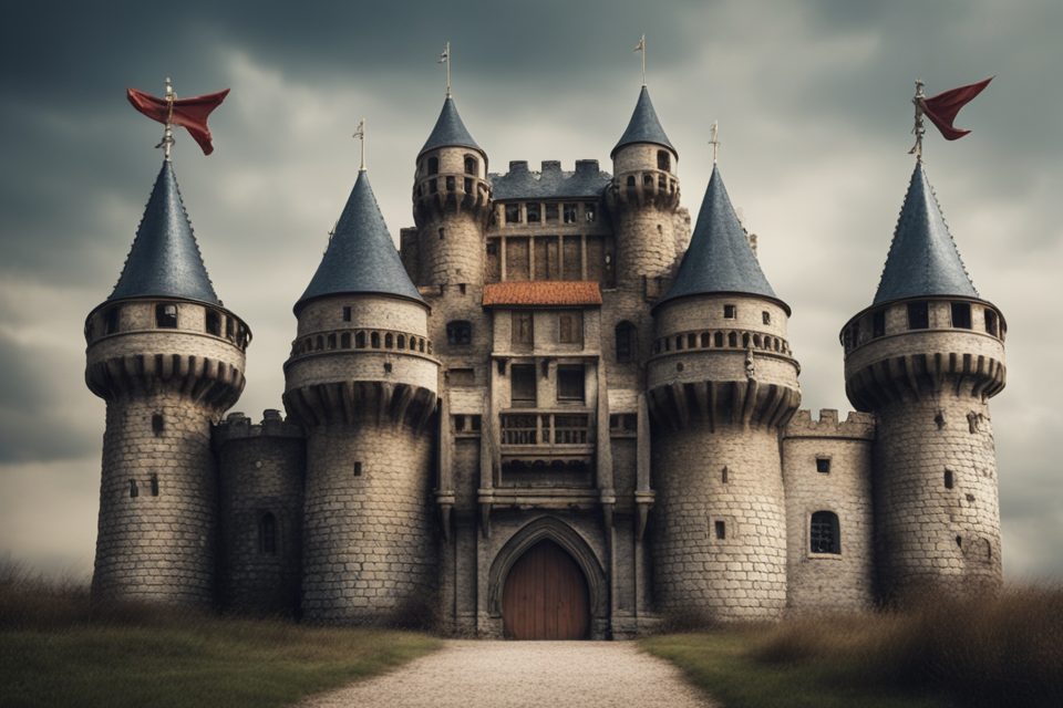 medieval castle with approaching knights realistic photo of, award winning photograph, 50mm, in a symbolic and meaningful style, insanely detailed and intricate, hypermaximalist, elegant, ornate, hyper realistic, super detailed