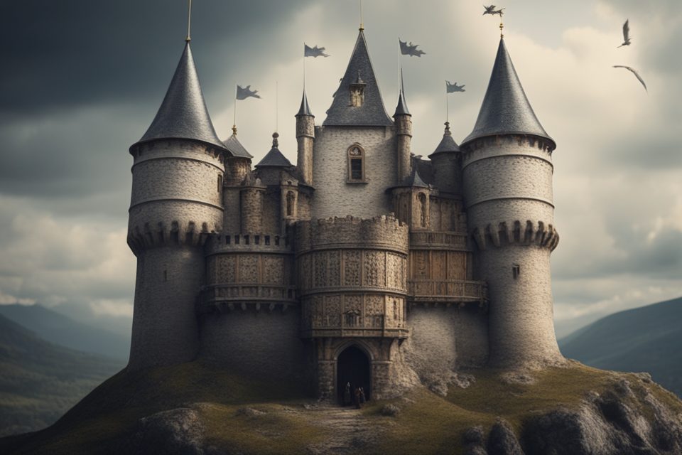 medieval castle with approaching knights realistic photo of, award winning photograph, 50mm, in a symbolic and meaningful style, insanely detailed and intricate, hypermaximalist, elegant, ornate, hyper realistic, super detailed
