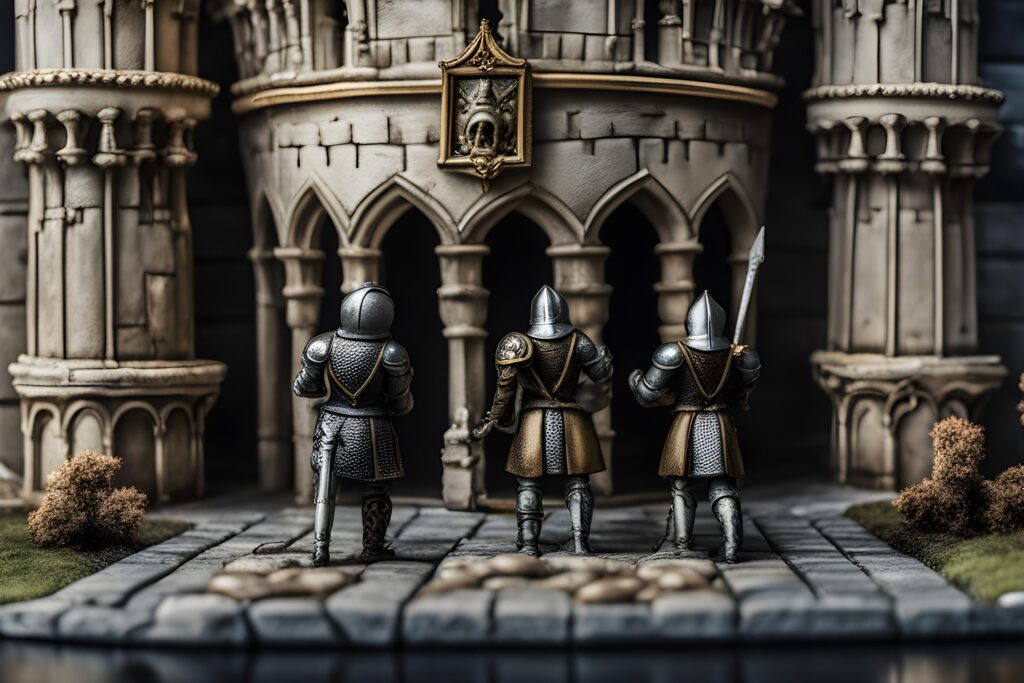 medieval castle with approaching knights realistic photo of, award winning photograph, 50mm, by Salvador Dali, insanely detailed and intricate, hypermaximalist, elegant, ornate, hyper realistic, super detailed