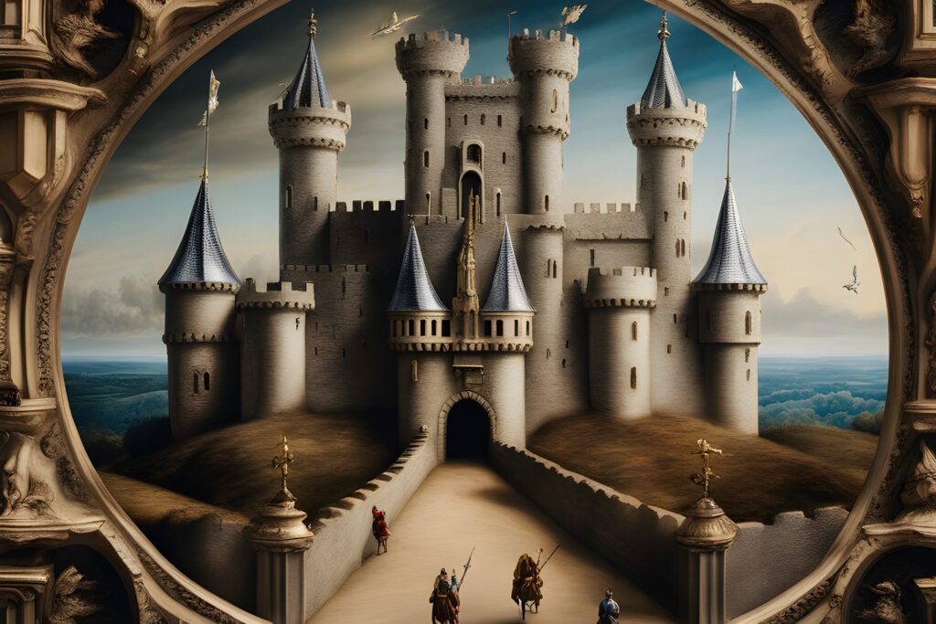 medieval castle with approaching knights realistic photo of, award winning photograph, 50mm, by Salvador Dali, insanely detailed and intricate, hypermaximalist, elegant, ornate, hyper realistic, super detailed