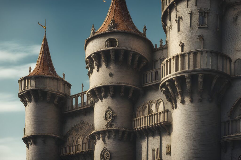 medieval castle with approaching knights realistic photo of, award winning photograph, 50mm, by Salvador Dali, insanely detailed and intricate, hypermaximalist, elegant, ornate, hyper realistic, super detailed