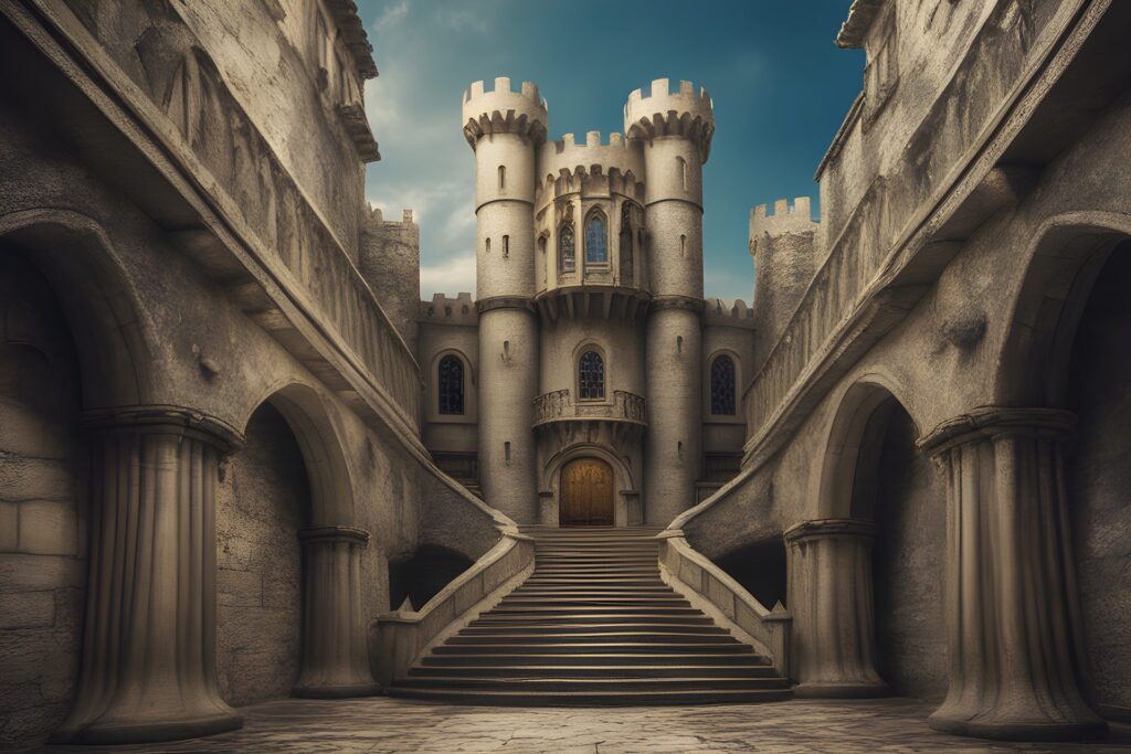 medieval castle with approaching knights realistic photo of, award winning photograph, 50mm, by Salvador Dali, insanely detailed and intricate, hypermaximalist, elegant, ornate, hyper realistic, super detailed